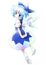 Rule 34 | 1girl, back, blue eyes, blue hair, bow, cirno, embodiment of scarlet devil, female focus, full body, hair bow, highres, looking back, matching hair/eyes, own hands together, short hair, simple background, socks, solo, suka, touhou, white background, wings