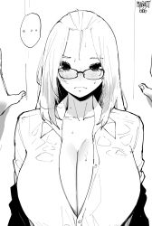 Rule 34 | 1girl, absurdres, bangs pinned back, blush, breasts, cleavage, closed mouth, collared shirt, dress shirt, folded hair, glasses, greyscale, hair pulled back, hand on wall, highres, huge breasts, inne sulistya robin, monochrome, norman maggot, original, partially unbuttoned, shirt, solo focus, teacher, wet, wet clothes, wet hair, white shirt