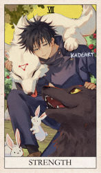Rule 34 | 1boy, animal, artist name, beige border, black hair, black socks, blue jacket, blue pants, border, brown footwear, bush, buttons, closed eyes, closed mouth, colored sclera, day, dog, english text, eye contact, facial mark, fangs, flower, forehead mark, fushiguro megumi, half-closed eyes, hands up, high collar, jacket, jpeg artifacts, jujutsu kaisen, kadeart, knee up, long sleeves, looking at another, male focus, open mouth, outdoors, pants, petting, rabbit, red eyes, red flower, red rose, roman numeral, rose, sharp teeth, shoes, short hair, signature, sitting, smile, socks, solo, spiked hair, strength (tarot), tarot, tarot (medium), teeth, tongue, tongue out, tree, yellow sclera