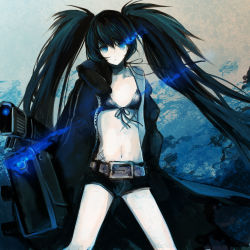 Rule 34 | 10s, 1girl, belt, black hair, black rock shooter, black rock shooter (character), bra, glowing, glowing eyes, lingerie, long hair, looking at viewer, scar, short shorts, shorts, solo, twintails, underwear, uno (colorbox), very long hair, weapon