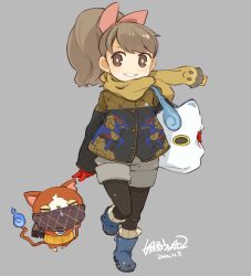 Rule 34 | 10s, 1girl, 2014, bag, black pantyhose, boots, bow, brown eyes, brown hair, cat, closed eyes, copyright name, dated, flame-tipped tail, full body, gloves, grey background, grin, hair bow, haramaki, highres, jacket, jibanyan, kirin (youkai watch), kodama fumika, komasan, pantyhose under shorts, long hair, mota, multiple tails, notched ear, pantyhose, pantyhose under shorts, ponytail, red gloves, rubber boots, scarf, shorts, shoulder bag, simple background, smile, snot, standing, standing on one leg, tail, traditional youkai, two tails, youkai watch