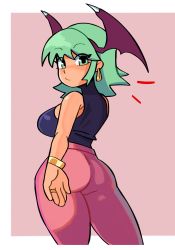 Rule 34 | 1girl, absurdres, alternate costume, alternate hair length, alternate hairstyle, ass, bracelet, breasts, commentary, earrings, english commentary, from behind, green eyes, green hair, halterneck, head wings, highres, jewelry, looking at viewer, looking back, medium breasts, medium hair, morrigan aensland, pants, pink pants, ring, simple background, sleeveless, solo, standing, vampire (game), wedding band, wings, xeno (xenoglitch)
