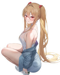 Rule 34 | 1girl, bare shoulders, blonde hair, blush, breasts, camisole, hair bobbles, hair ornament, highres, k pring, large breasts, long hair, looking at viewer, original, red eyes, sayuri (k pring), smile, solo, squatting, thighs, twintails, white background