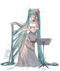 Rule 34 | aqua hair, ascot, bare shoulders, brooch, closed eyes, commentary, detached sleeves, dress, flower, hair flower, hair ornament, hands in own hair, hatsune miku, jewelry, long dress, long hair, open mouth, puffy detached sleeves, puffy sleeves, red flower, rirene rn, sitting, sleeveless, twintails, very long hair, vocaloid, white background, white dress