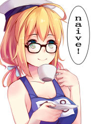 Rule 34 | 10s, 1girl, bad id, bad pixiv id, blonde hair, blue eyes, breasts, cup, french text, glasses, hat, i-8 (kancolle), kantai collection, long hair, low twintails, medium breasts, name tag, one-piece swimsuit, peaked cap, qunqing, saucer, school swimsuit, smile, solo, swimsuit, twintails