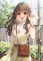 Rule 34 | 1girl, ahoge, arm at side, bag, belt, blush, brown eyes, brown hair, building, bush, dress, fence, hair ornament, hairclip, hand up, highres, kukiha, leather belt, long hair, open mouth, original, outdoors, pole, shirt, sleeveless, smile, solo, standing, teeth, tree, upper teeth only, white shirt, yellow dress