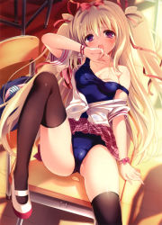 Rule 34 | 1girl, absurdres, blonde hair, cameltoe, desk, hair ribbon, highres, long hair, microskirt, one-piece swimsuit, original, pink skirt, plaid, plaid skirt, pleated skirt, ribbon, school desk, school swimsuit, school uniform, shoes, skirt, solo, source request, strap slip, swimsuit, swimsuit under clothes, thighhighs, twintails, undressing, uwabaki, very long hair, wrist ribbon, youta