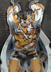 Rule 34 | 1boy, absurdres, animal ears, armpits, bara, bare pectorals, belt, black pants, bodysuit, bound, bound arms, bruise, bulge, cape, covered abs, covered navel, erection, erection under clothes, facial hair, feet out of frame, furry, furry male, goatee, highres, injury, live a hero, looking at viewer, male focus, mask, muscular, muscular male, neumo, nipples, orange bodysuit, paid reward available, pants, pectorals, ryekie (live a hero), short hair, skin tight, solo, standing, tail, thick thighs, thighs, tiger boy, tiger ears, tiger tail, torn bodysuit, torn clothes, white cape