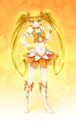 Rule 34 | 1girl, aposine, blonde hair, blush, boots, brooch, choker, closed mouth, commentary, cure sunshine, english commentary, hand on own hip, head tilt, heart, heart brooch, heartcatch precure!, high heels, highres, jewelry, long hair, looking at viewer, magical girl, myoudouin itsuki, navel, precure, puffy short sleeves, puffy sleeves, short sleeves, skirt, smile, solo, standing, twintails, very long hair, white footwear, wrist cuffs, yellow eyes