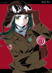 Rule 34 | 1girl, absurdres, brown coat, brown eyes, brown gloves, candy, coat, food, gloves, goggles, goggles on head, green hair, hand up, highres, lollipop, long hair, mikuri kamazirou, original, pilot helmet, pilot suit, red background, simple background, solo, standing