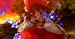 Rule 34 | 1girl, ascot, cowboy shot, crossed arms, detached sleeves, evening, female focus, gohei, hakurei reimu, imperishable night, long sleeves, mountain, nontraditional miko, outdoors, plant, red skirt, ribbon-trimmed sleeves, ribbon trim, skirt, solo, sunset, tomohi, touhou, tree, vest