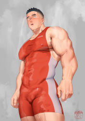 Rule 34 | 1boy, absurdres, artist name, bara, black hair, blush, bodysuit, bulge, commentary request, covered erect nipples, covered testicles, cowboy shot, erection, erection under clothes, from below, highres, hiroki bzdsk, large pectorals, male focus, muscular, muscular male, open mouth, original, pectoral cleavage, pectorals, red bodysuit, short hair, sideburns, simple background, singlet, solo, sparkling sweat, standing, steaming body, sweat, sweatdrop, sweaty clothes, thick eyebrows, thick thighs, thighs, undercut, very sweaty, wrestling outfit, wrestling singlet