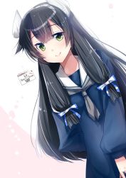 Rule 34 | 1girl, black hair, blue dress, commentary request, cowboy shot, dress, green eyes, grey neckerchief, hair ribbon, headgear, highres, i-47 (kancolle), kantai collection, kimura shiki, long hair, low-tied long hair, neckerchief, official alternate costume, one-hour drawing challenge, ribbon, sailor collar, sidelocks, solo, tress ribbon, upper body, white sailor collar