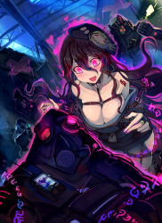 Rule 34 | 1girl, :d, belt, black thighhighs, blush, breasts, choker, cleavage, gas mask, glowing, glowing eyes, gun, heart, holding, holding gun, holding weapon, land of caromag, large breasts, lock, long hair, mask, open mouth, purple eyes, purple hair, smile, straitjacket, thighhighs, walkie-talkie, walzrj, weapon