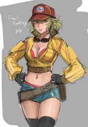 Rule 34 | 10s, 1girl, baseball cap, black gloves, blonde hair, breasts, cidney aurum, copyright name, cropped jacket, final fantasy, final fantasy xv, gloves, goggles, goggles around neck, green eyes, hat, highres, jacket, navel, short hair, short shorts, shorts, solo, tetsu (kimuchi), thighhighs