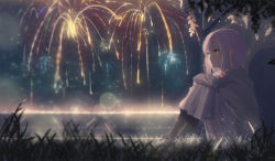 Rule 34 | 1girl, aerial fireworks, ano54, black pantyhose, blurry, blurry foreground, blush, brown eyes, closed mouth, commentary request, crossed arms, dated, depth of field, fireworks, from side, grass, grey shirt, grey skirt, hair between eyes, highres, horizon, long hair, long sleeves, looking away, night, night sky, ocean, original, outdoors, pantyhose, pink hair, shirt, signature, sitting, skirt, sky, solo, star (sky), starry sky, water