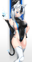 Rule 34 | 1girl, absurdres, animal ear fluff, animal ears, asymmetrical clothes, bare shoulders, black gloves, black hair, black leotard, black ribbon, blue eyes, blue hair, blush, breasts, cat ears, cat girl, cat tail, closed mouth, covered navel, elbow gloves, game console, gloves, grey vest, groin, hair ribbon, hand on own hip, highleg, highleg leotard, highres, index finger raised, leotard, looking at viewer, medium breasts, multicolored hair, open clothes, open vest, original, personification, pixel (yuxian), playstation 5, ribbon, sideboob, silver hair, single elbow glove, smile, solo, tail, thighhighs, vest, white thighhighs
