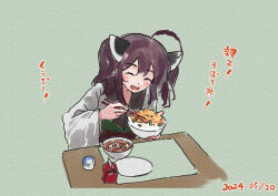 Rule 34 | 1girl, :d, ^ ^, ahoge, blush, bowl, brown hair, chopsticks, closed eyes, commentary request, dated, facing viewer, food, food request, green background, headgear, holding, holding bowl, holding chopsticks, japanese clothes, kimono, lamb (hitsujiniku), long sleeves, obi, open mouth, plate, sash, smile, solo, table, touhoku kiritan, translation request, twintails, voiceroid, white kimono, wide sleeves