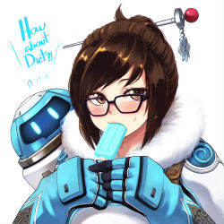 Rule 34 | 1girl, alphy, beads, black-framed eyewear, blue gloves, blush, blush stickers, brown eyes, brown hair, canister, coat, eating, english text, flying sweatdrops, food, fur, fur collar, fur trim, glasses, gloves, gun, hair bun, hair ornament, hair stick, hairpin, handgun, hands up, holding, holding gun, holding weapon, ice cream, lips, lipstick, long sleeves, looking at viewer, makeup, mei (overwatch), mouth hold, overwatch, overwatch 1, pink lips, popsicle, short hair, sidelocks, simple background, single hair bun, solo, sweatdrop, swept bangs, upper body, weapon, white background