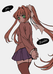Rule 34 | 1girl, absurdres, arms behind back, black thighhighs, blue skirt, brown hair, doki doki literature club, green eyes, highres, looking at viewer, monika (doki doki literature club), ponytail, ribbon, skirt, smile, speech bubble, thighhighs, tn scallion, white ribbon, yandere