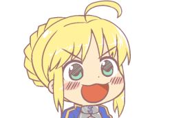 Rule 34 | &gt;:d, 1girl, :d, ahoge, artoria pendragon (all), artoria pendragon (fate), blonde hair, blush, dot nose, fate/stay night, fate (series), green eyes, gyate gyate, ikiyouz, lowres, open mouth, portrait, saber (fate), simple background, smile, solo, transparent background, v-shaped eyebrows