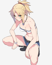 Rule 34 | 1girl, aqua eyes, ban! (bansankan), bare shoulders, belt, blonde hair, boots, bracelet, braid, breasts, cleavage, collarbone, cutoffs, denim, denim shorts, fate/apocrypha, fate (series), grey background, highres, jewelry, medium breasts, midriff, mordred (fate), mordred (fate/apocrypha), mordred (memories at trifas) (fate), navel, necklace, parted bangs, ponytail, short shorts, shorts, simple background, solo, squatting, strapless, tsurime, tube top, white tube top
