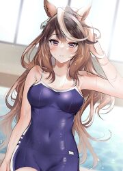 Rule 34 | 1girl, absurdres, animal ears, arm up, blue one-piece swimsuit, blush, brown hair, commentary, cowboy shot, earrings, hair between eyes, highres, horse ears, horse girl, jewelry, long hair, looking at viewer, multicolored hair, narusawa (njzc2582), one-piece swimsuit, photoshop (medium), purple eyes, school swimsuit, single earring, smile, solo, streaked hair, swimsuit, symboli rudolf (umamusume), tracen swimsuit, umamusume, white hair