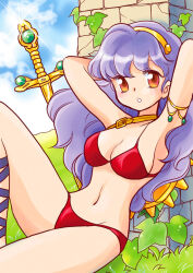 Rule 34 | 1girl, armpits, arms behind head, athena (series), bikini, breasts, cleavage, large breasts, legs, long hair, looking at viewer, navel, orange eyes, parted lips, princess athena, purple hair, red bikini, shield, sitting, snk, solo, swimsuit, sword, thighs, weapon