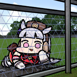 Rule 34 | 1girl, :3, animal ears, blunt bangs, bow, commentary, dress, ear bow, fence, gloves, gold ship (umamusume), grey hair, horse ears, horse girl, jazz jack, long hair, looking at viewer, lowres, lying, mud, on stomach, photo-referenced, pillbox hat, purple eyes, red dress, solo, umamusume, white gloves