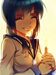 Rule 34 | 1girl, ^ ^, blue hair, blush, breasts, candle, collarbone, corpse party, closed eyes, hair over shoulder, head tilt, highres, holding, long sleeves, medium breasts, parted lips, rakkou, school uniform, serafuku, shinozaki ayumi, shirt, smile, solo, twintails, upper body, white background, white shirt