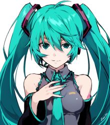 Rule 34 | 1girl, arisaka ako, bad id, bad twitter id, bare shoulders, breasts, detached sleeves, green eyes, green hair, green nails, green necktie, hair ornament, hatsune miku, headset, long hair, long sleeves, looking at viewer, matching hair/eyes, nail polish, necktie, simple background, solo, twintails, twitter username, uneven eyes, upper body, vocaloid, white background