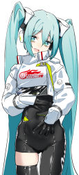 Rule 34 | 1girl, aqua eyes, aqua hair, black gloves, closed navel, cropped jacket, gloves, goodsmile racing, hand on own stomach, hatsune miku, headgear, headphones, highres, jacket, logo, long hair, open mouth, race queen, racing miku, racing miku (2022), rsk (tbhono), single thighhigh, solo, thighhighs, twintails, very long hair, vocaloid, white jacket