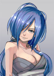 Rule 34 | 1girl, aro (charged time out), bad id, bad pixiv id, bare shoulders, blue hair, breasts, cleavage, face, grey eyes, hair over one eye, large breasts, long hair, original, solo, twintails