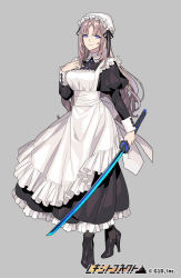 Rule 34 | 1girl, apron, black footwear, blue eyes, copyright name, full body, grey background, hand up, hat, high heels, holding, holding sword, holding weapon, katana, light smile, long hair, long sleeves, looking at viewer, maid, maid apron, maid cap, mob cap, official art, pota (bluegutty), puffy long sleeves, puffy sleeves, reki connect, simple background, solo, standing, sword, watermark, weapon