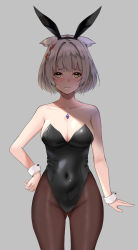 Rule 34 | 1girl, animal ears, bare shoulders, black leotard, blush, breasts, cat ears, chest jewel, cleavage, covered navel, detached collar, fake animal ears, highres, jacket, leotard, looking at viewer, matrix16, medium breasts, mio (xenoblade), navel, pantyhose, playboy bunny, rabbit ears, short hair, skin tight, solo, strapless, strapless leotard, white hair, wrist cuffs, xenoblade chronicles (series), xenoblade chronicles 3, yellow eyes