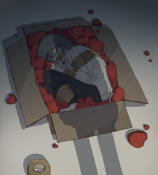 Rule 34 | 1boy, absurdres, avogado6, barefoot, black shirt, bound, bound legs, bound wrists, box, cardboard box, commentary request, crying, duct tape, gag, grey hair, heart, highres, improvised gag, in box, in container, looking at viewer, original, restrained, scared, shirt, short hair, solo, tape, tape gag, tears, white shirt, wide-eyed
