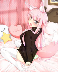 Rule 34 | 1girl, :3, animal ears, bed, bed sheet, blush, clothes tug, curtains, drawing (object), fox ears, fox tail, grey eyes, heart, heart-shaped pillow, jougen, long hair, open mouth, original, panties, pillow, pink hair, ribbed sweater, sitting, solo, star (symbol), striped clothes, striped panties, sweater, sweater tug, tail, tears, thighhighs, underwear, wariza, white thighhighs