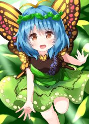 Rule 34 | 1girl, antennae, blue hair, butterfly wings, dress, eternity larva, green dress, hair ornament, highres, insect wings, leaf, leaf background, leaf hair ornament, light rays, looking at viewer, open mouth, orange eyes, ruu (tksymkw), short hair, short sleeves, single strap, solo, touhou, wings, yellow wings