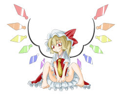 Rule 34 | 1girl, bacho, barefoot, blonde hair, embodiment of scarlet devil, feet, female focus, flandre scarlet, full body, hat, naughty face, necktie, red eyes, side ponytail, simple background, solo, touhou, wings