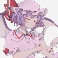 Rule 34 | 1girl, ascot, bat wings, closed eyes, collared shirt, cup, frilled shirt collar, frilled sleeves, frills, hat, hat ribbon, highres, holding, holding cup, light purple hair, mob cap, nail polish, nail polish brush, puffy short sleeves, puffy sleeves, red ascot, red nails, red ribbon, remilia scarlet, ribbon, sahata saba, shirt, short hair, short sleeves, simple background, teacup, touhou, upper body, white background, white headwear, white shirt, wings, wrist cuffs