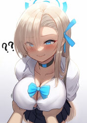 Rule 34 | 1girl, ?, ??, arms behind back, asuna (blue archive), asymmetrical bangs, blonde hair, blue archive, blue eyes, blue halo, blush, bow, bowtie, bra, bra peek, bralines, breasts, bursting breasts, button gap, choker, cleavage, closed mouth, collarbone, collared shirt, commentary request, downblouse, from above, grabbing, grabbing another&#039;s breast, hair over one eye, hair ribbon, halo, large breasts, light brown hair, long hair, looking at viewer, loose bowtie, maku ro, miniskirt, pleated skirt, pov, ribbon, school uniform, shirt, simple background, skirt, smile, undersized clothes, underwear, very long hair, white background, white shirt