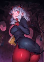 Rule 34 | 1girl, absurdres, ass, black jacket, blush, book, bright pupils, cave, closed mouth, cowboy shot, demon girl, demon horns, demon tail, from behind, from below, frown, hand on own chest, heart, heart-shaped pupils, helltaker, highres, holding, holding book, horns, jacket, leaning forward, long sleeves, looking at viewer, looking back, looking down, miniskirt, moco (moco 28), modeus (helltaker), office lady, pantyhose, pencil skirt, red eyes, red pantyhose, short hair with long locks, side slit, sidelocks, silver hair, skirt, sleeves past wrists, solo, symbol-shaped pupils, tail