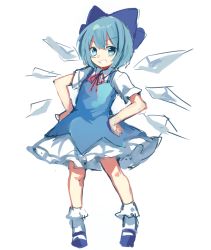 Rule 34 | 1girl, blue bow, blue eyes, blue footwear, blue hair, bow, cirno, collar, dress, frilled dress, frilled socks, frills, full body, hair bow, hands on own hips, neck ribbon, paragasu (parags112), red ribbon, ribbon, short hair, short sleeves, sidelocks, simple background, smile, socks, solo, standing, teeth, touhou, white background