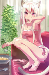 Rule 34 | 1girl, animal ears, armpits, backlighting, bad id, bad pixiv id, barefoot, blonde hair, blush, bottle, bowl, breasts, camisole, cat ears, cat girl, cat tail, cleavage, collarbone, couch, covering own mouth, curtains, day, feet, female focus, food, frilled camisole, frills, hand over own mouth, handrail, indoors, long hair, looking at viewer, no bra, no shoes, original, panties, plant, purple eyes, side-tie panties, single sock, socks, solo, sonsoso, spoon, squatting, striped clothes, striped socks, table, tail, toes, tsurime, underwear, underwear only, window, wiping mouth