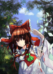 Rule 34 | 1girl, absurdres, armband, ascot, blue sky, bow, brown eyes, brown hair, bush, collar, dappled sunlight, day, detached sleeves, forest, frilled bow, frilled collar, frilled shirt collar, frills, gohei, hair bow, hair tubes, hakurei reimu, hand up, highres, hoshino arika, long hair, looking to the side, nature, ribbon-trimmed sleeves, ribbon trim, sky, sleeveless, smile, solo, sunlight, touhou, tree, tree shade, upper body