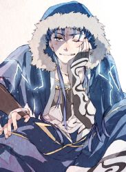 Rule 34 | 1boy, ayataka (321ayataka), blue hair, bracelet, capelet, closed mouth, cu chulainn (fate), cu chulainn (caster) (fate), fate/grand order, fate (series), fur-trimmed hood, fur trim, grin, head rest, highres, hood, hood up, hooded capelet, jewelry, cu chulainn (fate/stay night), long hair, looking at viewer, male focus, one eye closed, simple background, sitting, smile, solo, white background