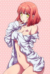 Rule 34 | 10s, 1girl, blush, breasts, cleavage, collarbone, covering privates, covering breasts, finger to face, groin, medium breasts, naked shirt, nanami haruka, navel, no bra, no panties, off shoulder, open clothes, open shirt, orange hair, oversized clothes, oversized shirt, red hair, shirt, short hair, sleeves past wrists, solo, star (symbol), starry background, thighs, uta no prince-sama, white shirt, yellow eyes, yukkyun