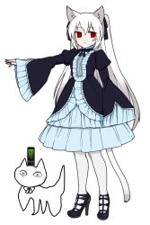Rule 34 | 1girl, @ @, animal ears, arm at side, blue skirt, can, cat, cat ears, cat girl, cat tail, center frills, closed mouth, energy drink, fingernails, frills, frown, full body, gothic lolita, gradient hair, hair between eyes, hair ribbon, high heels, highres, legs apart, lolita fashion, long hair, monster energy, multicolored hair, nail polish, nora cat, nora cat channel, okunin, outstretched arm, pantyhose, purple footwear, purple nails, purple ribbon, red eyes, ribbon, scp-040-jp, scp foundation, simple background, skirt, solo, standing, tail, very long hair, virtual youtuber, white background, white hair, white pantyhose, wide sleeves