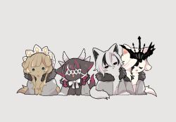 Rule 34 | :3, animal focus, animalization, arlecchino (genshin impact), black cat, blue eyes, bow, bowtie, brown cat, cape, cat, closed mouth, columbina (genshin impact), commentary request, crown, floppy ears, fur trim, genshin impact, grey background, grey cape, grey cat, head wings, headdress, highres, multicolored hair, nasuka gee, no humans, open mouth, sandrone (genshin impact), signora (genshin impact), simple background, streaked hair, white blindfold, white bow, white bowtie, white cat, white headwear, wings