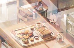 Rule 34 | bad id, bad pixiv id, binch, chair, cup, cupcake, curtains, dog, food, food focus, fork, indoors, meal, no humans, original, sandwich, scenery, spoon, sunlight, table, teacup, teapot, tray, vegetable, window